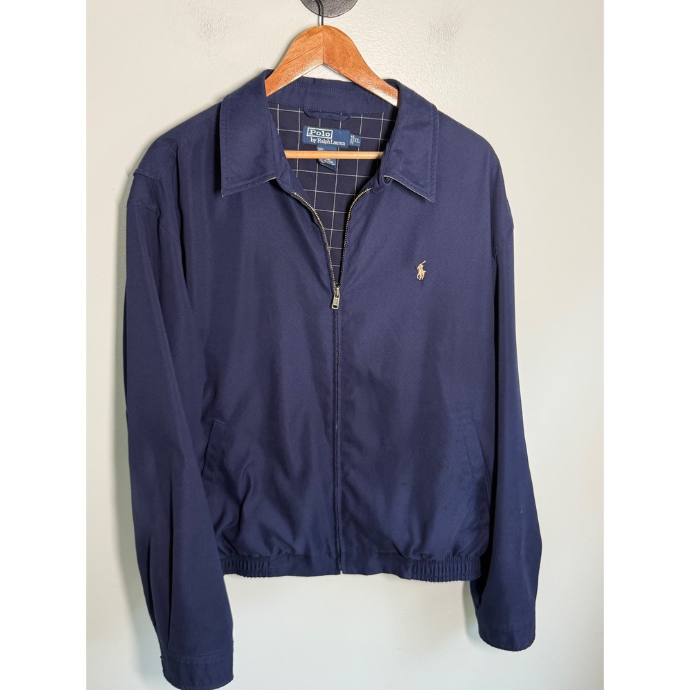 Polo Ralph Lauren Mens XL Bi-Swing Harrington Jacket Navy Blue Plaid Lined Pony